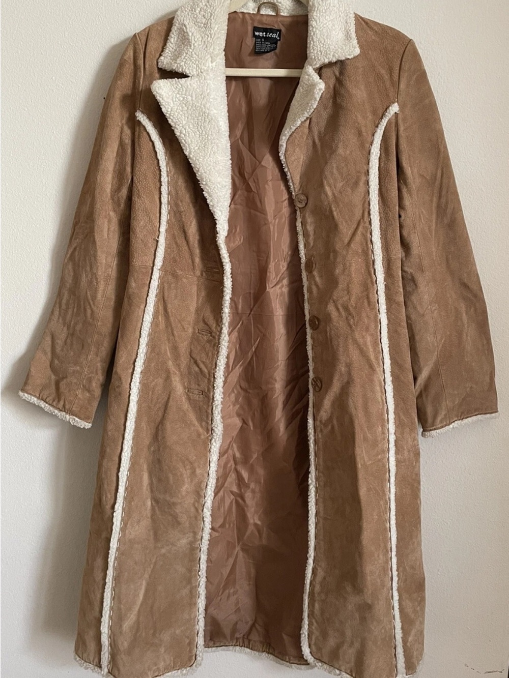 vintage y2k Wet Seal suede fur boho penny lane tan long coat jacket sz S